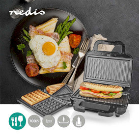 Nedis KAMG110FBK Multi Grill Grill/Sandwic/Waffle, 700W, 22x12.5 cm, Automatisk temperaturregulering