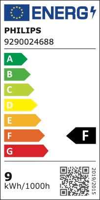 Energimærke for Philips Hue White og Color Ambiance E27 LED pære med Bluetooth viser energiklasse F med en forbrug på 9 kWh pr. 1000 timer samt en QR-kode for yderligere information