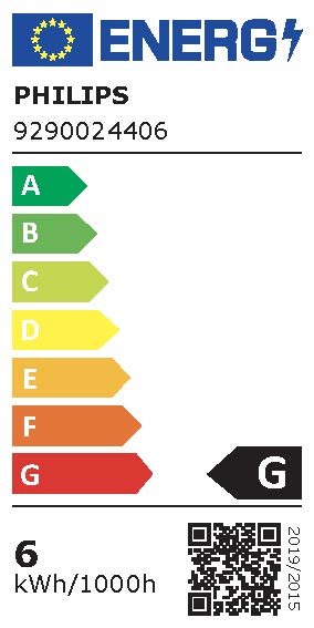 Energimærke for Philips Hue White Krone E14 P45, viser en energiklasse G med en forbrug på 6 kWh per 1000 timer, indeholder farvekodede niveauer fra A til G.