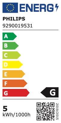 Energimærke for Philips GU10 LED pære med angivelse af energiklasse G samt forbrug på 5 kWh per 1000 timer