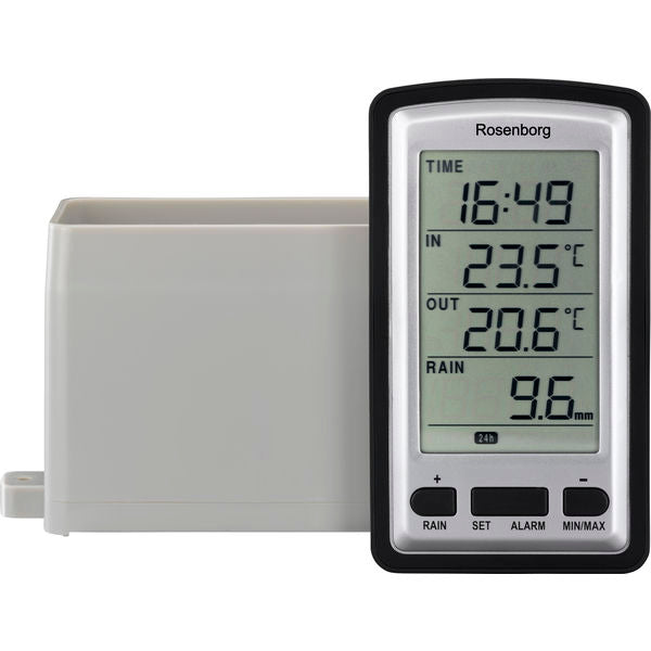 Rosenborg Regnmåler m/indendørs-/udendørs termometer og ur, trådløs
